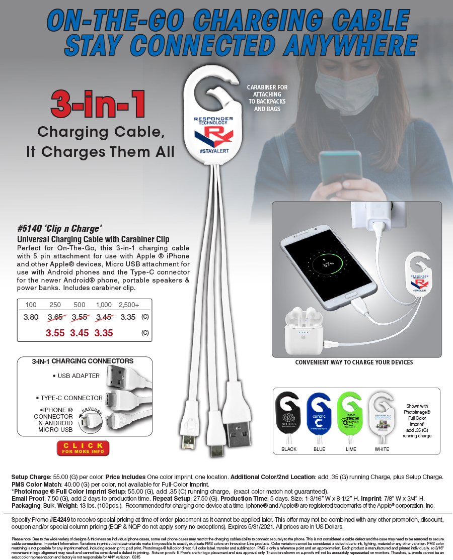 #5140 Weber 3-in-1 Charging Cable For Cell Phones and Tablets wiht Carabiner Type Spring Clip