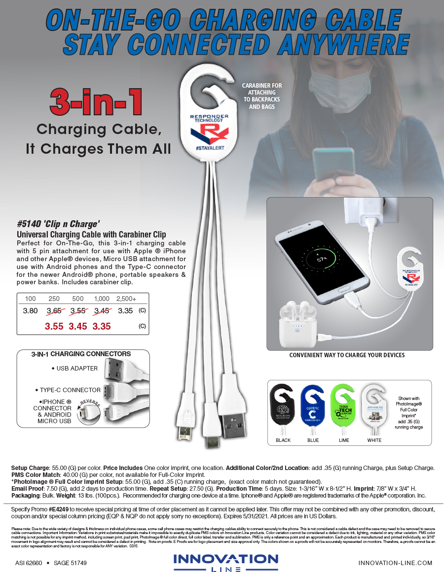 #5140 Weber 3-in-1 Charging Cable For Cell Phones and Tablets wiht Carabiner Type Spring Clip