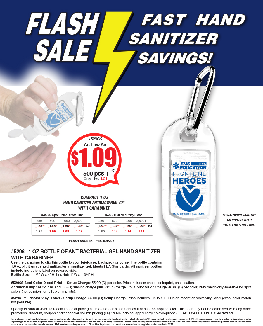 #5296 5296S - 1 OZ BOTTLE OF ANTIBACTERIAL GEL HAND SANITIZER
WITH CARABINER