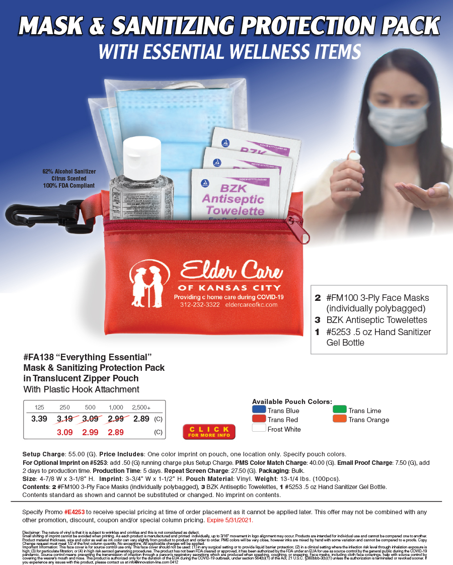 FA138  Mask and Sanitizing Protection Pack in Translucent Zipper Pouch 
