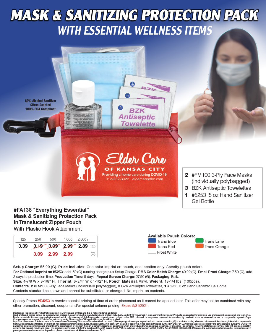 FA138  Mask and Sanitizing Protection Pack in Translucent Zipper Pouch 
