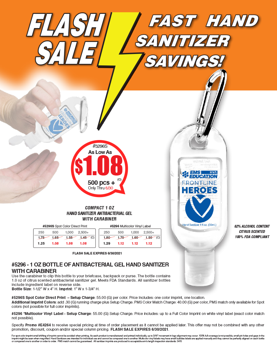 #5296 5296S - 1 OZ BOTTLE OF ANTIBACTERIAL GEL HAND SANITIZER
WITH CARABINER
