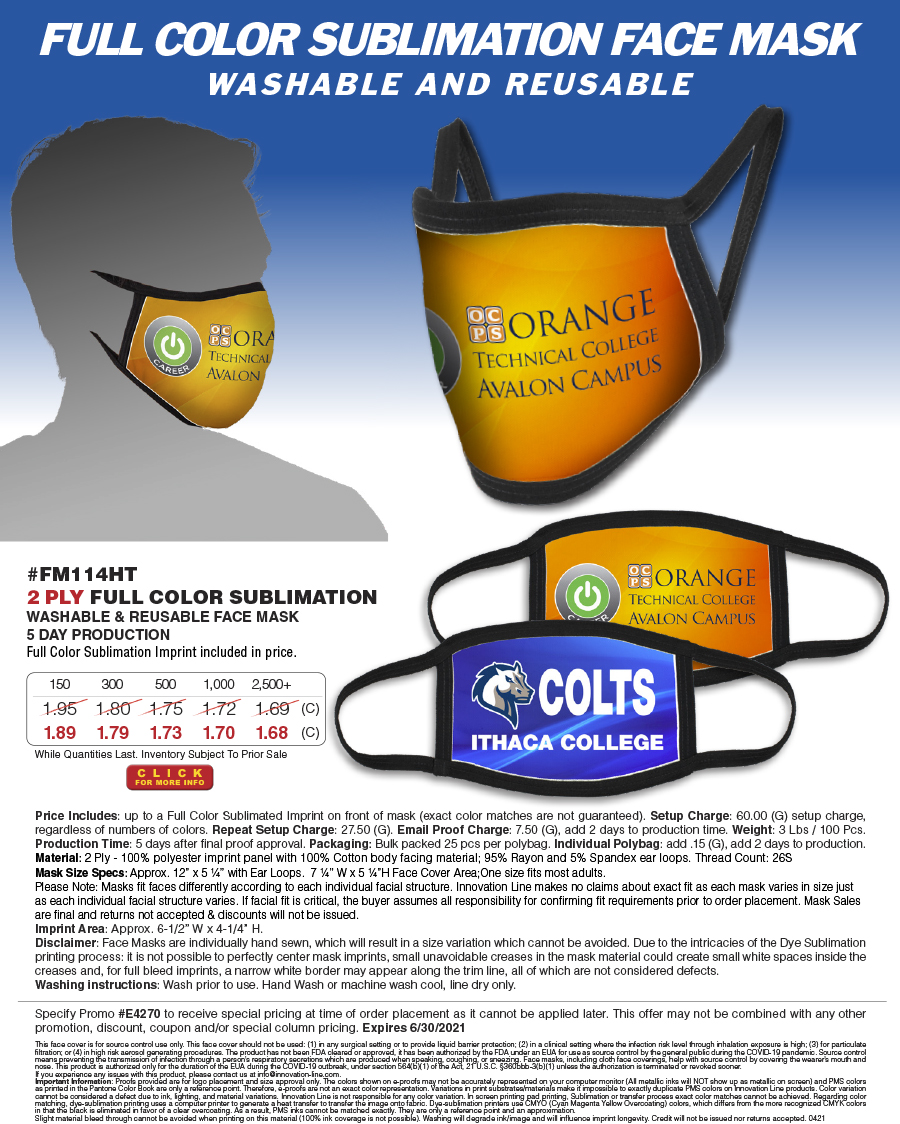 #FM114HT 2 Ply Full Color Sublimation Washable & Reusable Face Mask