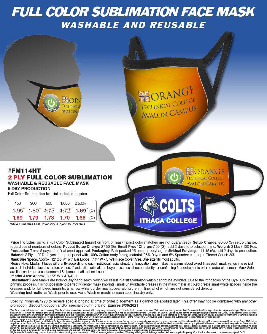 #FM114HT 2 Ply Full Color Sublimation Washable & Reusable Face Mask