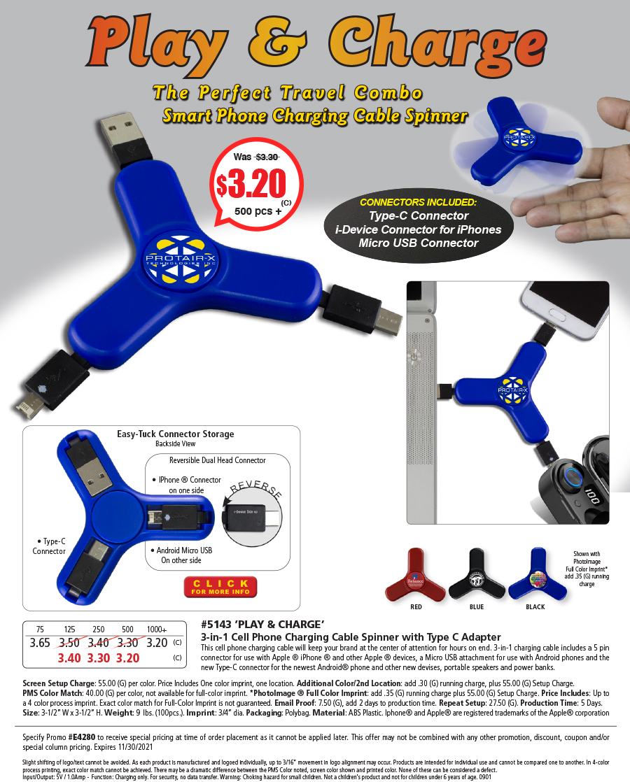 5143 3-in-1 Cell Phone Charging Cable Spinner