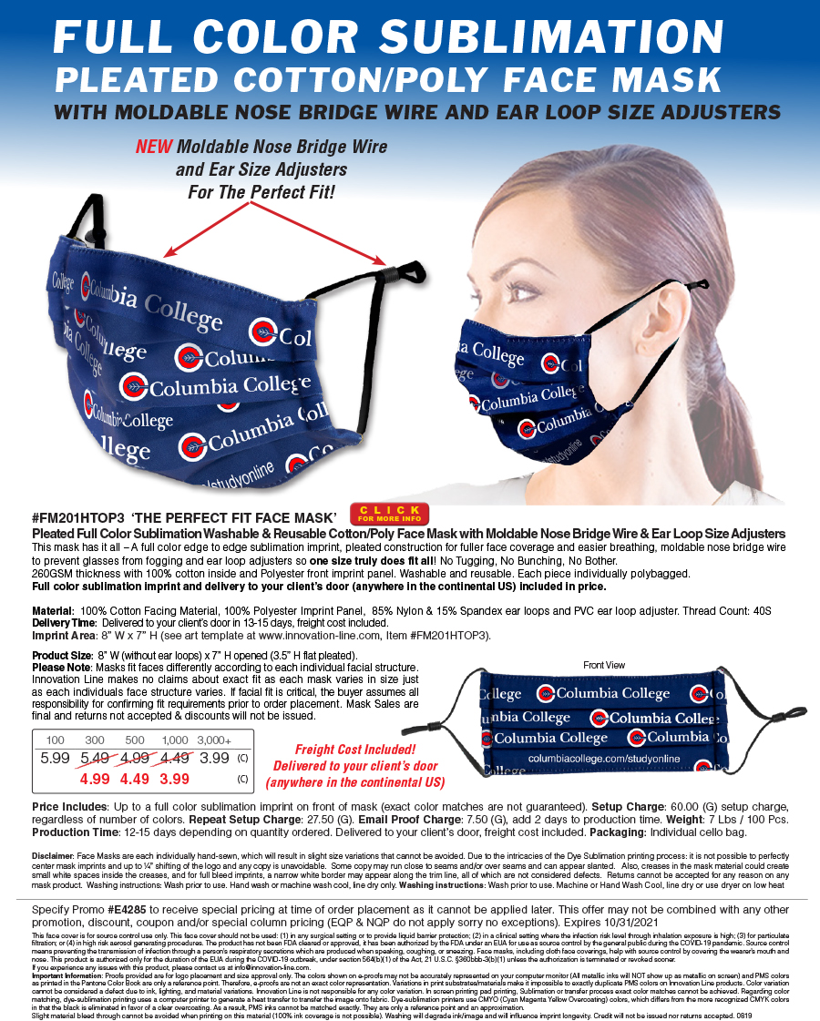 #FM201HTOP3 The Perfect Fit Face Mask - Pleated Full Color Sublimation Washable & Reusable Cotton/Poly Face Mask with Moldable Nose Bridge Wire & Ear Loop Size Adjusters
