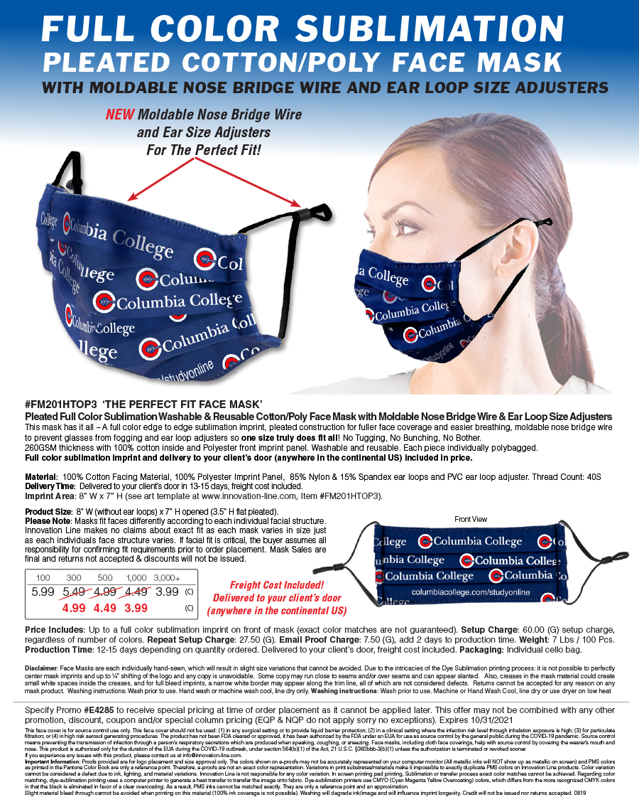 #FM201HTOP3 The Perfect Fit Face Mask - Pleated Full Color Sublimation Washable & Reusable Cotton/Poly Face Mask with Moldable Nose Bridge Wire & Ear Loop Size Adjusters
