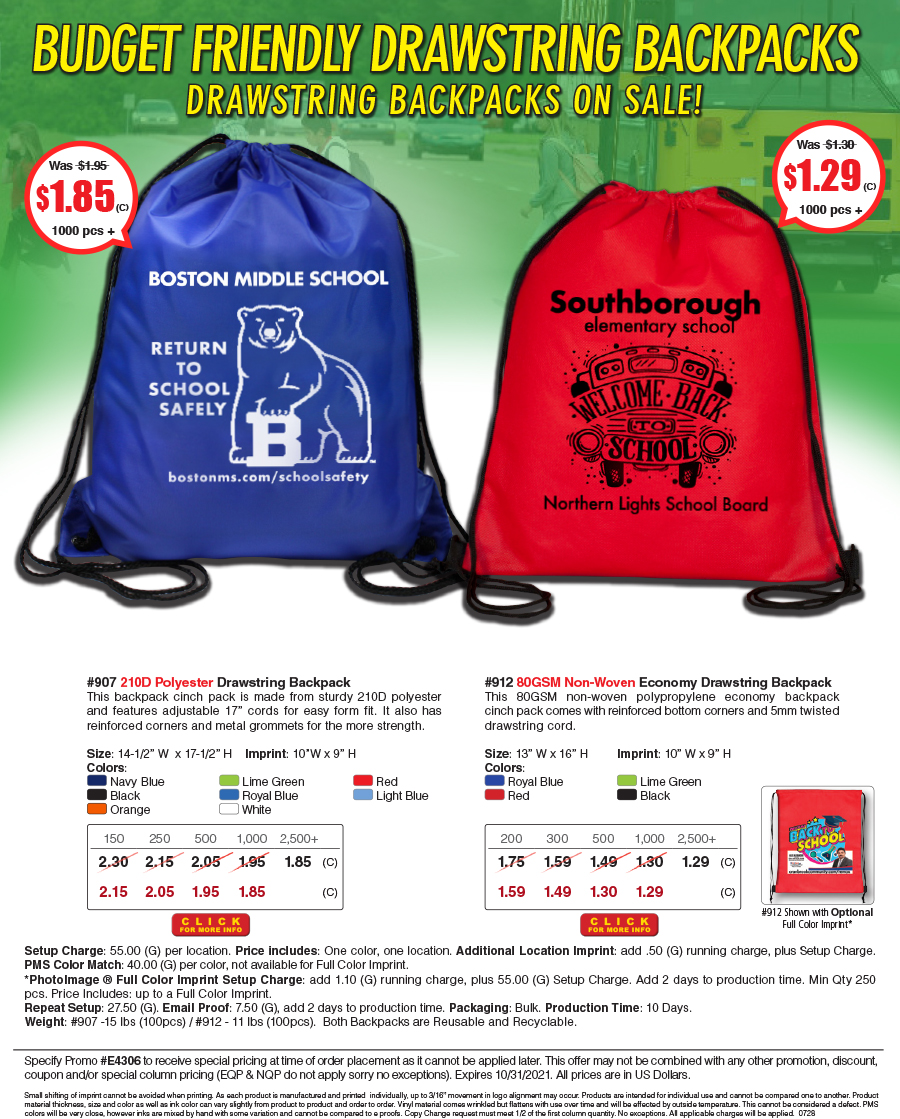 907 912 Polyester and Non-Woven Cinch Pack Backpack