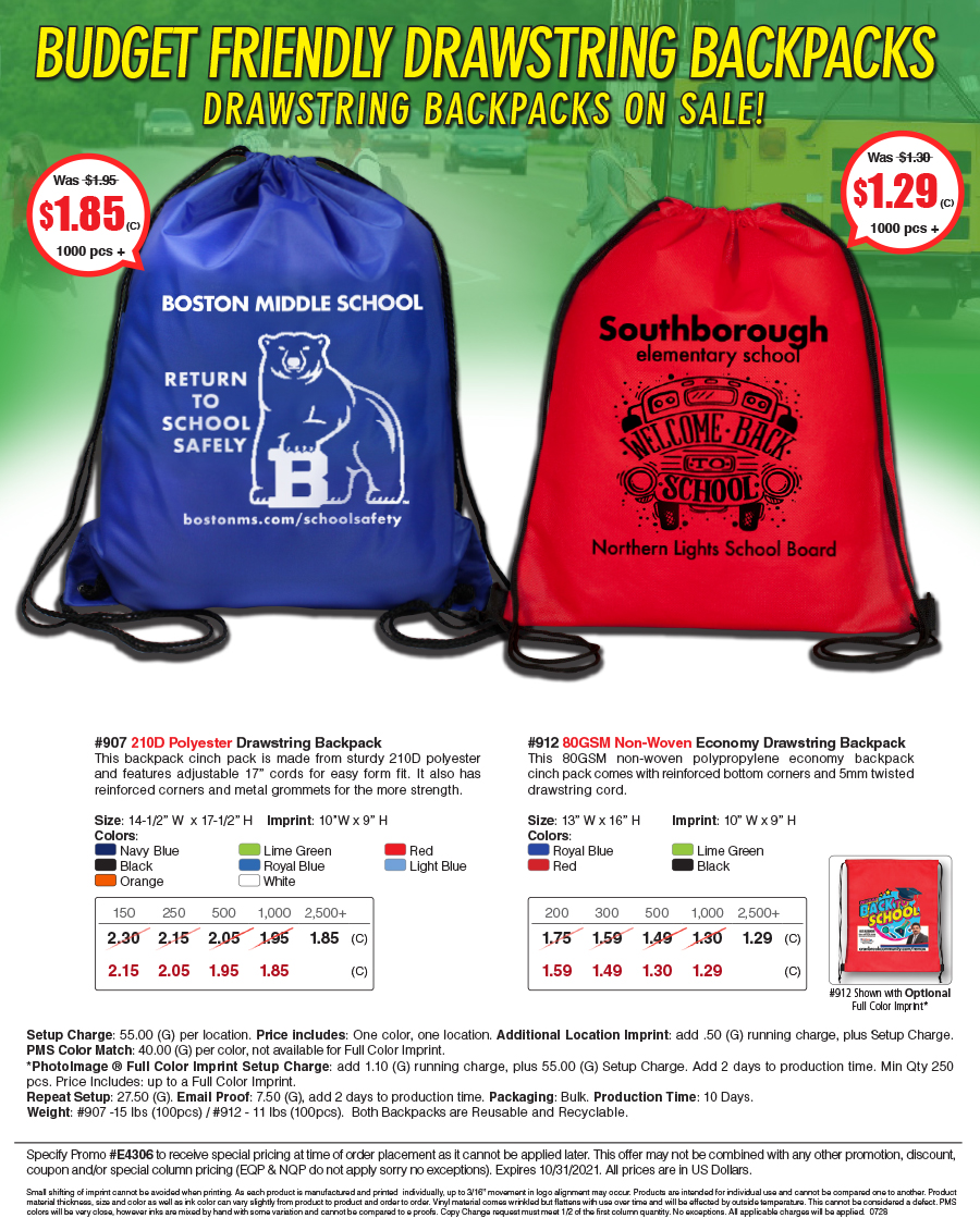 907 912 Polyester and Non-Woven Cinch Pack Backpack