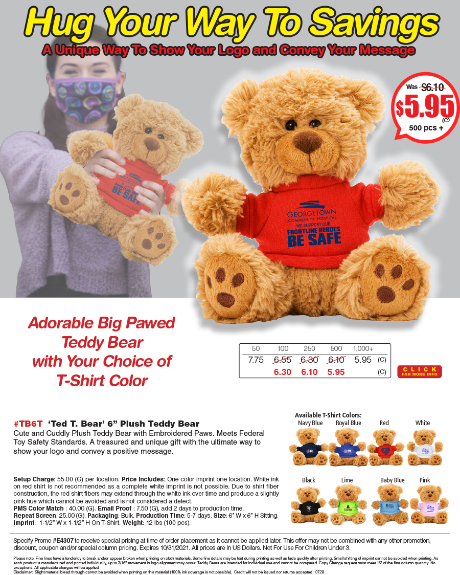 #TB6T  -Ted T. Bear- Plush Teddy Bear with Choice of T-Shirt Color