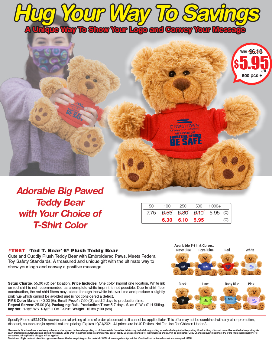 #TB6T  -Ted T. Bear- Plush Teddy Bear with Choice of T-Shirt Color