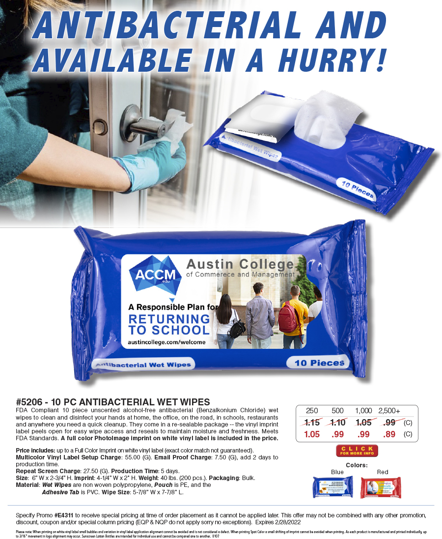 5206 10 pc Antibacterial Wet Wipes