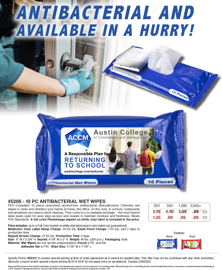 5206 10 pc Antibacterial Wet Wipes