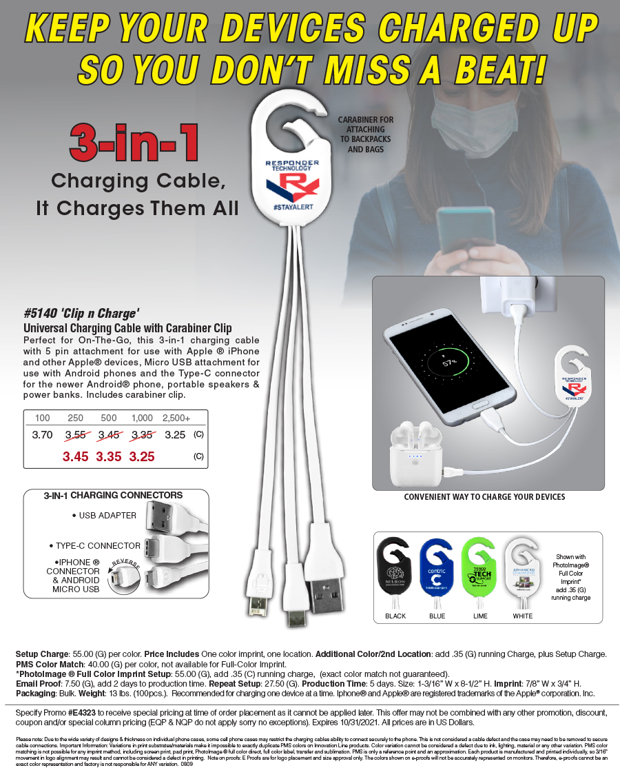 #5140 Weber 3-in-1 Charging Cable For Cell Phones and Tablets wiht Carabiner Type Spring Clip