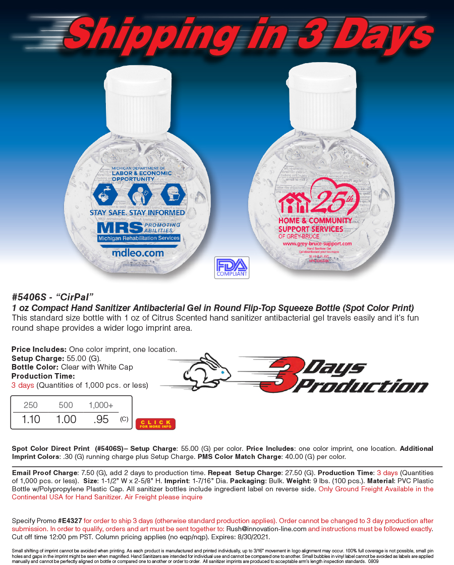 #5406S - �CirPal� 1 oz Compact Hand Sanitizer Antibacterial Gel in Round Flip-Top Squeeze Bottle (Spot Color Print)