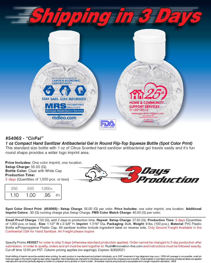 #5406S - �CirPal� 1 oz Compact Hand Sanitizer Antibacterial Gel in Round Flip-Top Squeeze Bottle (Spot Color Print)