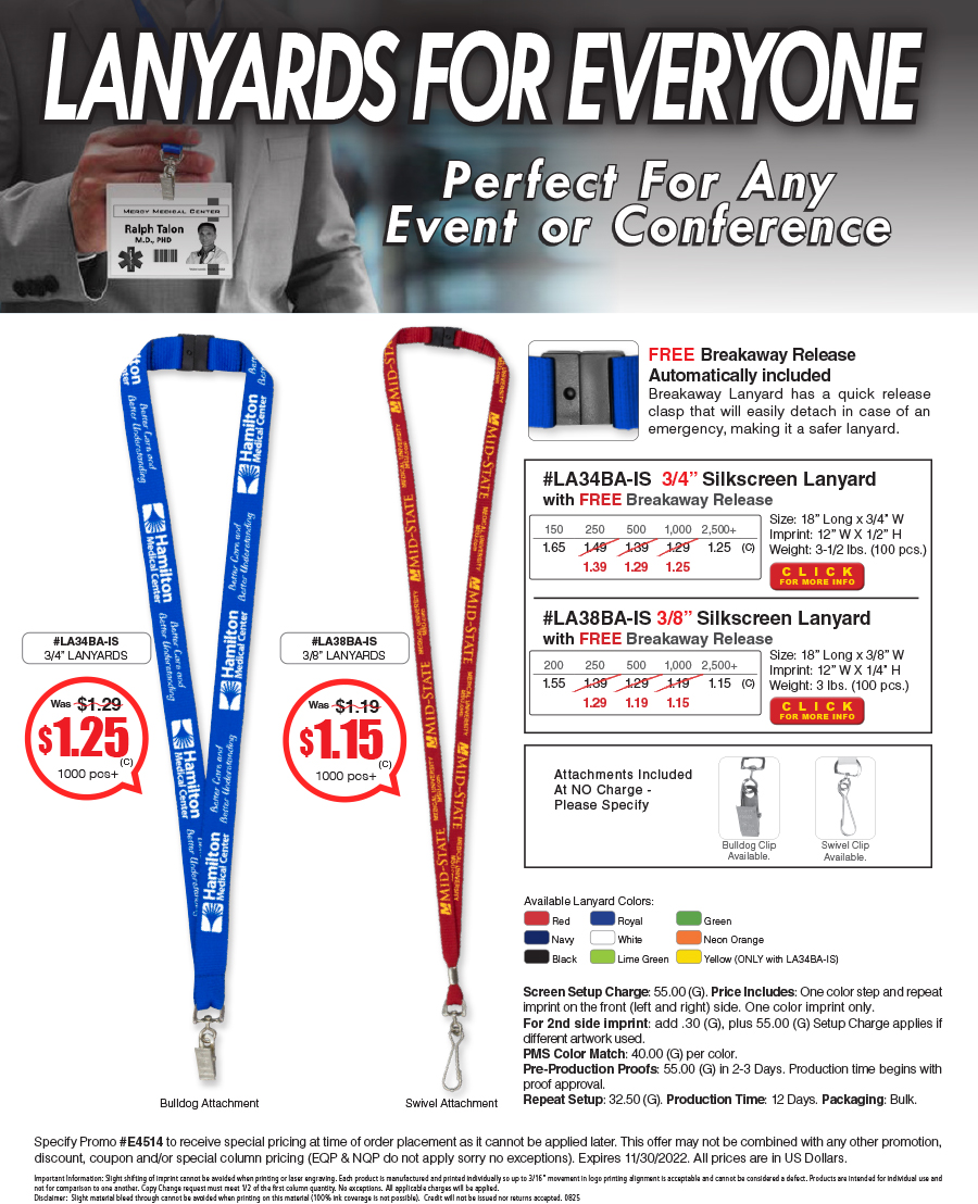 #LA38BA-IS 3/8� Silkscreen Lanyard with FREE Breakaway Release - #LA34BA-IS 3/4� Silkscreen Lanyard with FREE Breakaway Release