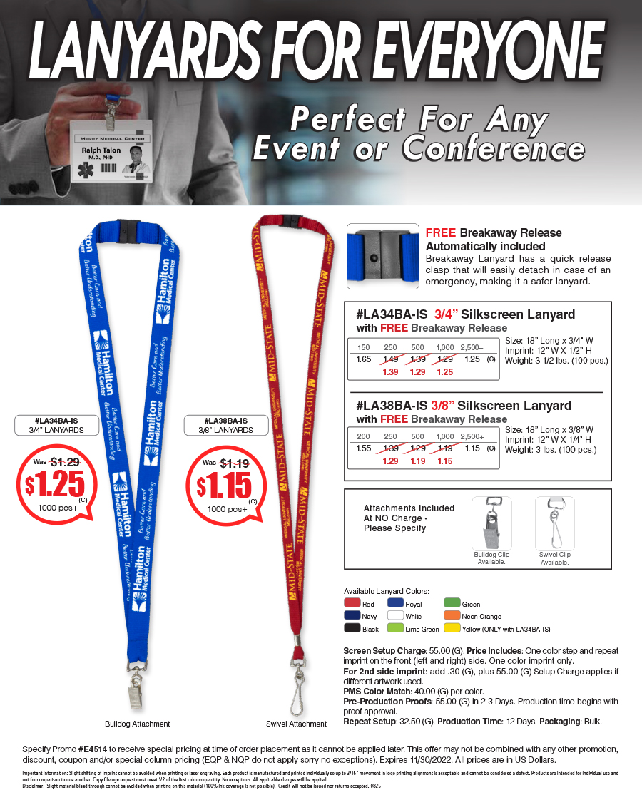 #LA38BA-IS 3/8� Silkscreen Lanyard with FREE Breakaway Release - #LA34BA-IS 3/4� Silkscreen Lanyard with FREE Breakaway Release