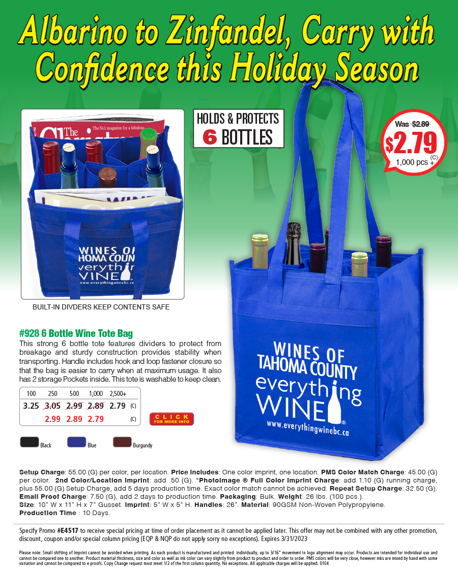 #928 90GSM Non-Woven 6 Bottle Wine Tote Bag
