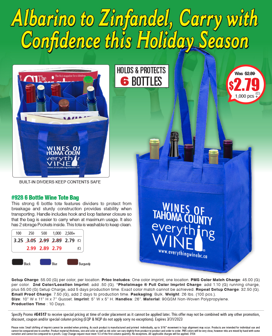 #928 90GSM Non-Woven 6 Bottle Wine Tote Bag