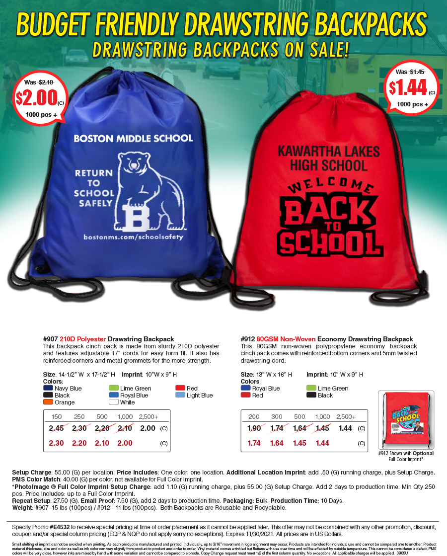 907 912 Polyester and Non-Woven Cinch Pack Backpack