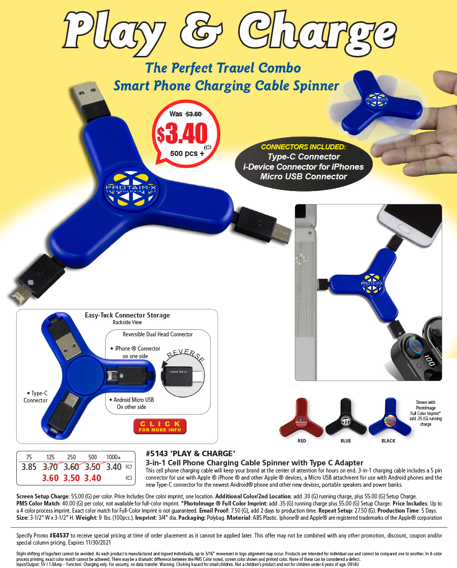 5143 3-in-1 Cell Phone Charging Cable Spinner