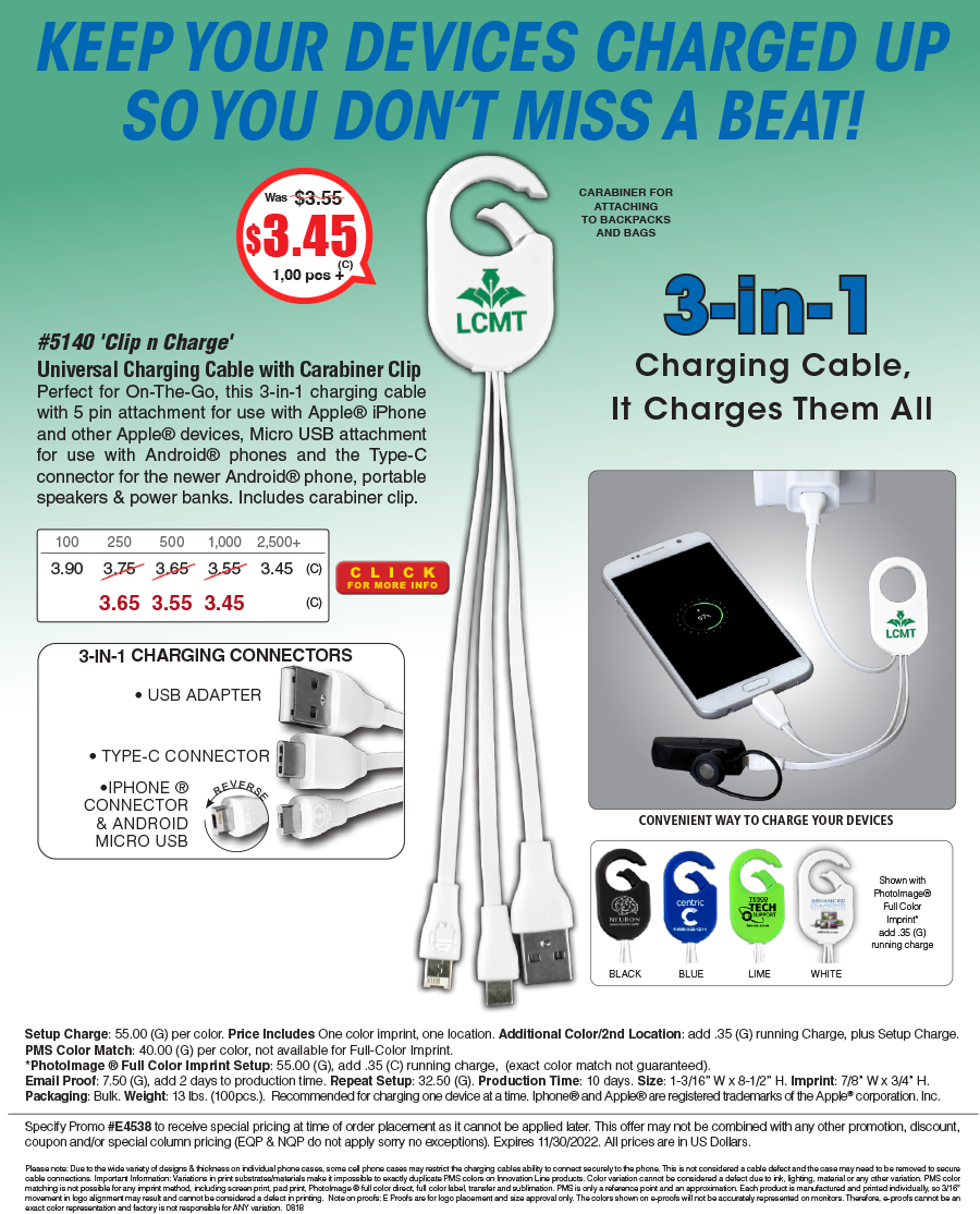 #5140 Weber 3-in-1 Charging Cable For Cell Phones and Tablets wiht Carabiner Type Spring Clip