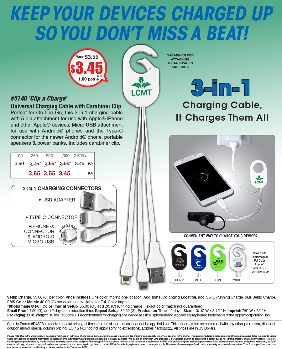 #5140 Weber 3-in-1 Charging Cable For Cell Phones and Tablets wiht Carabiner Type Spring Clip
