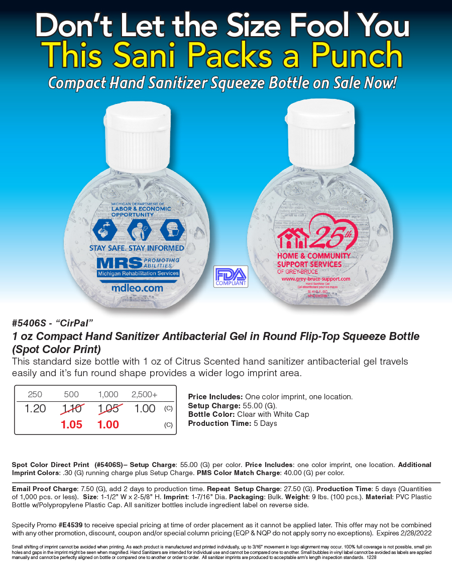 #5406S - �CirPal� 1 oz Compact Hand Sanitizer Antibacterial Gel in Round Flip-Top Squeeze Bottle (Spot Color Print)