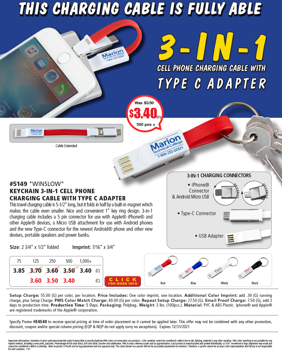 5149 Keychain 3-in-1 Cell Phone Charging Cable with Type C Adapter