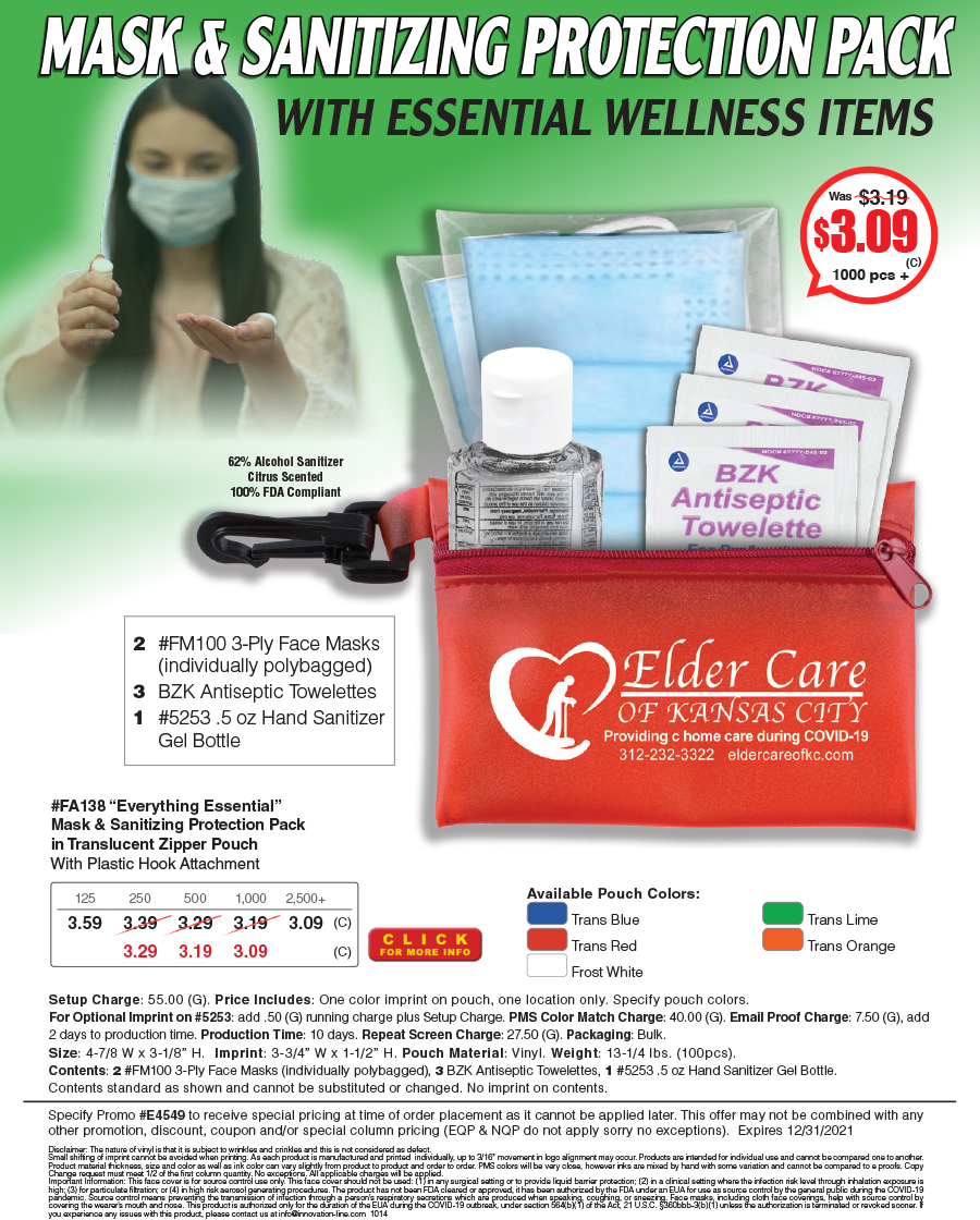 FA138  Mask and Sanitizing Protection Pack in Translucent Zipper Pouch 
