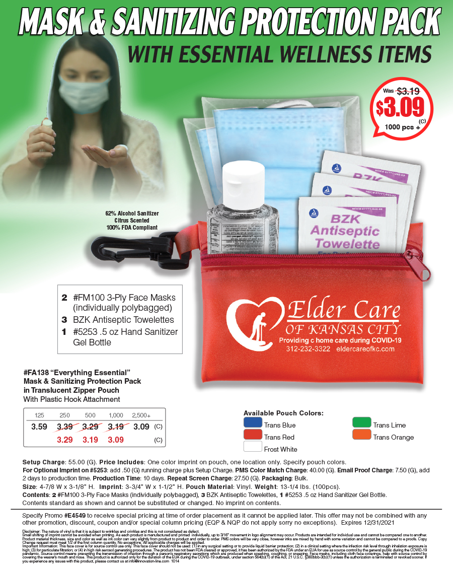 FA138  Mask and Sanitizing Protection Pack in Translucent Zipper Pouch 
