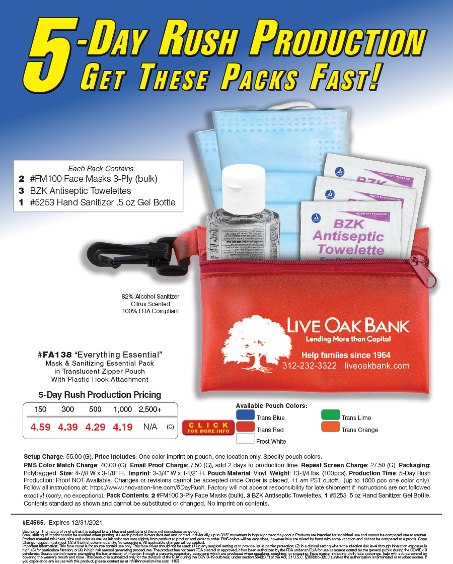 FA138  Mask and Sanitizing Protection Pack in Translucent Zipper Pouch 
