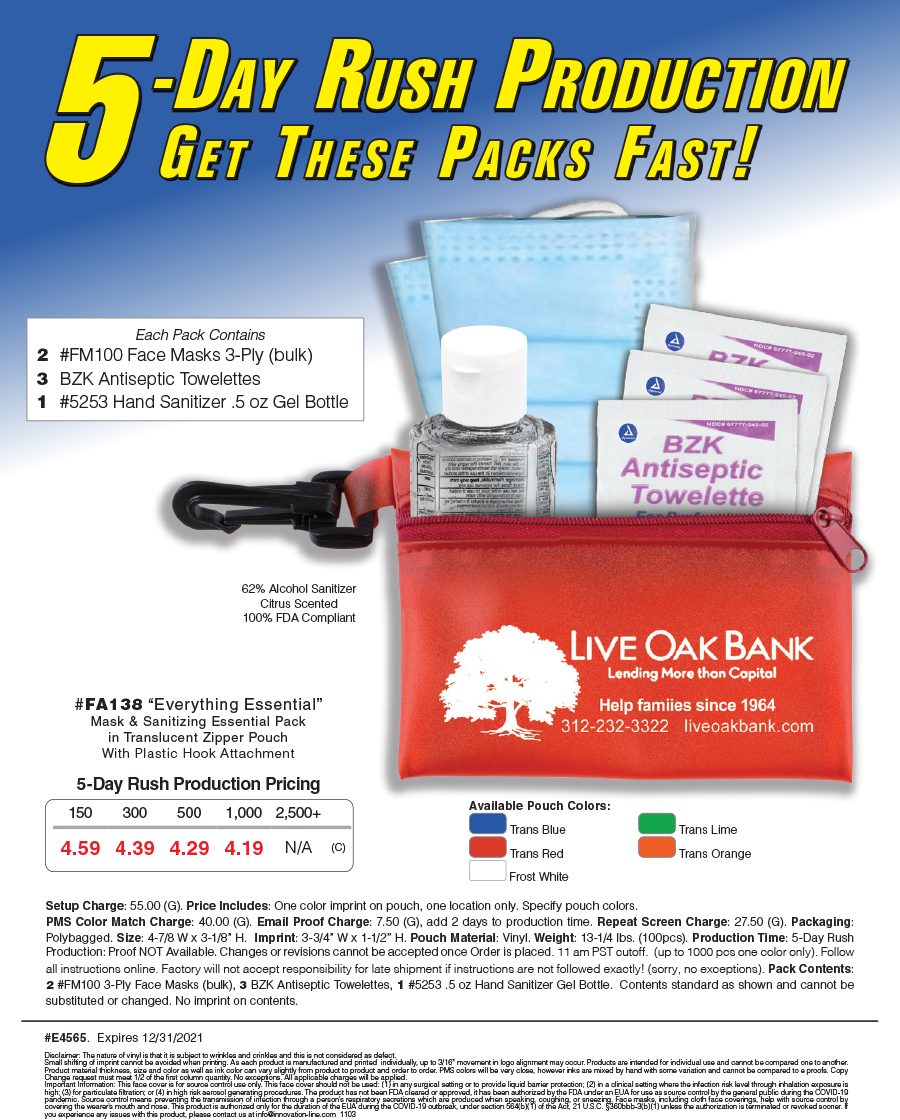 FA138  Mask and Sanitizing Protection Pack in Translucent Zipper Pouch 
