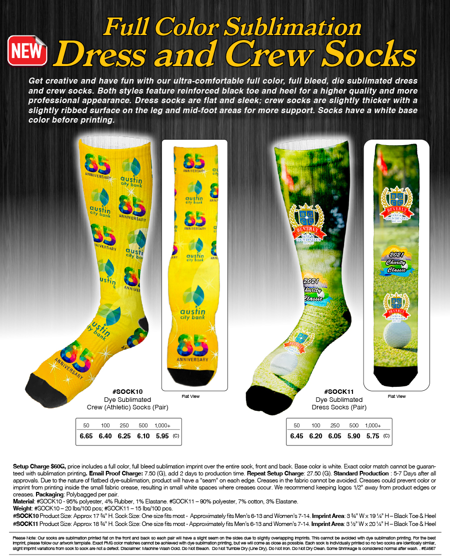 SOCK10 SOCK11 Full Color Sublimation Dress and Crew Socks 
