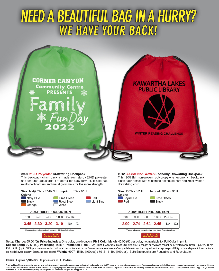 907 912 Polyester and Non-Woven Cinch Pack Backpack