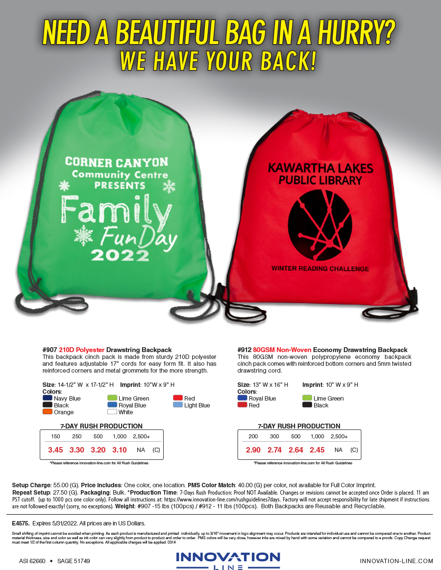 907 912 Polyester and Non-Woven Cinch Pack Backpack