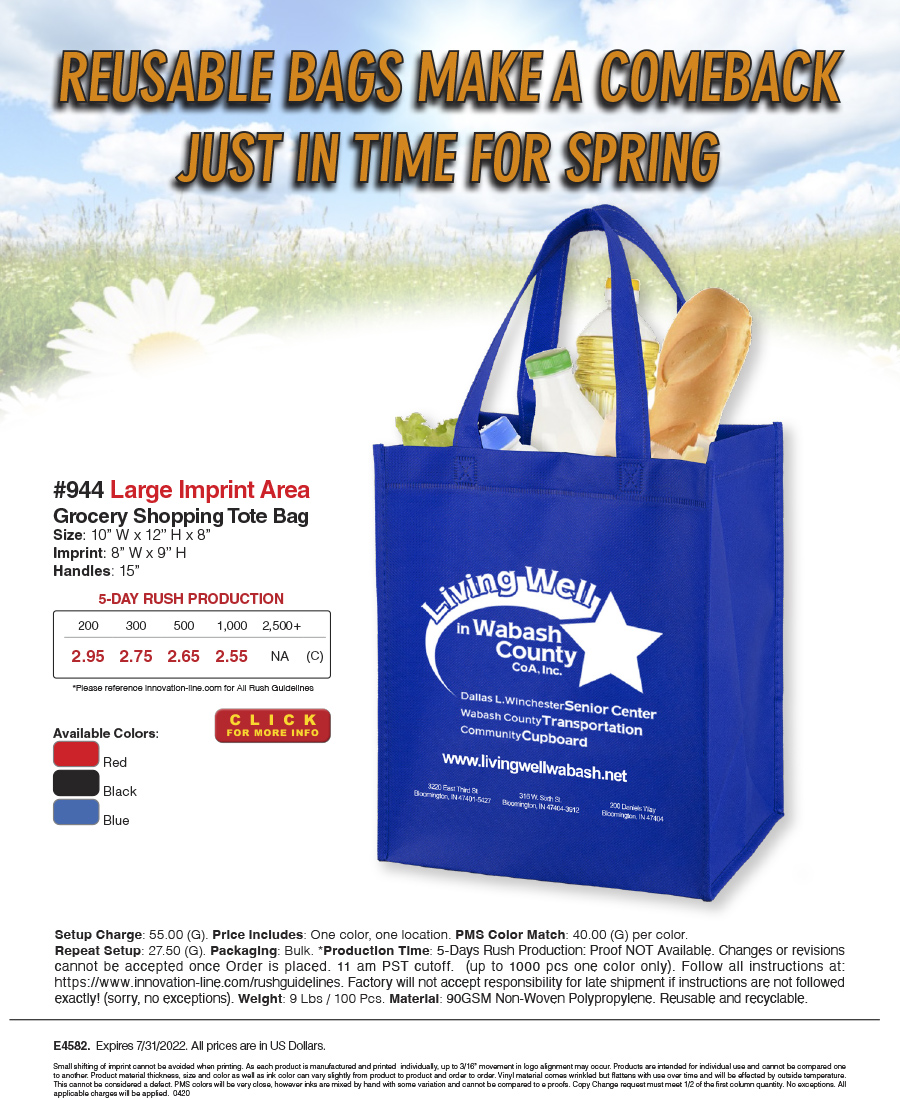 944 Full View Junior Large Imprint Grocery Shopping Tote Bag