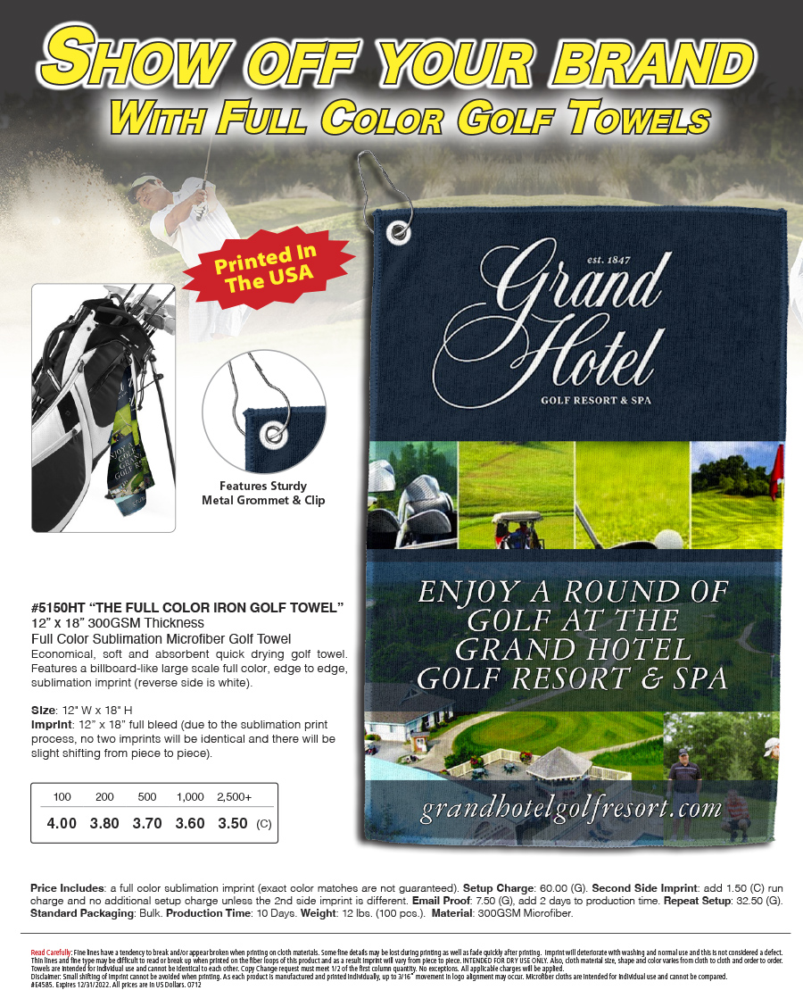 5150HT 300 GSM Heavy Duty Microfiber Golf Towel with Metal Grommet and Clip