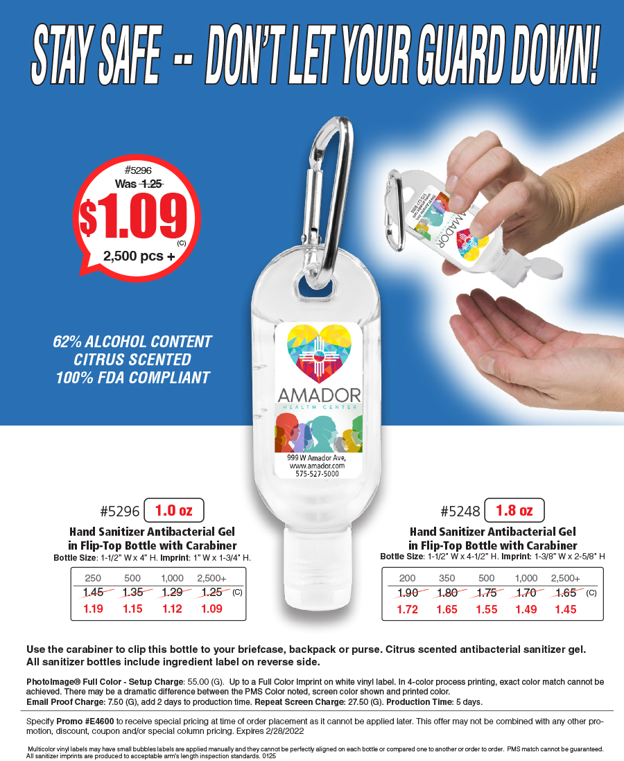 #5248 5296 - ANTIBACTERIAL GEL HAND SANITIZER BOTTLE WITH CARABINER