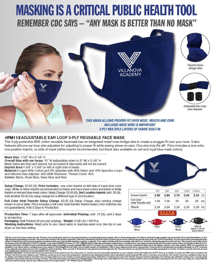 #FM112 Adjustable Ear Loop 3-Ply Reusable Face Mask