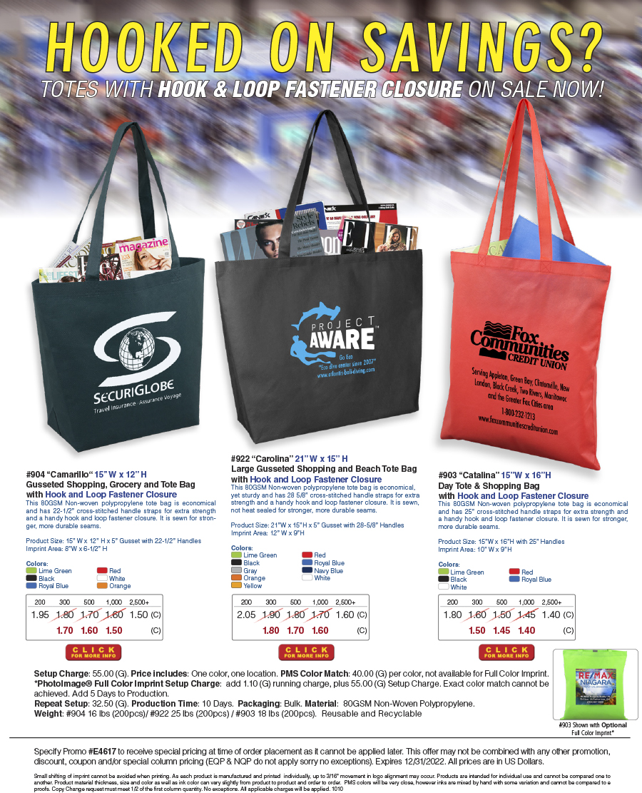 904 922 903 Shopping Tote Bag with Hook and Loop Fastener