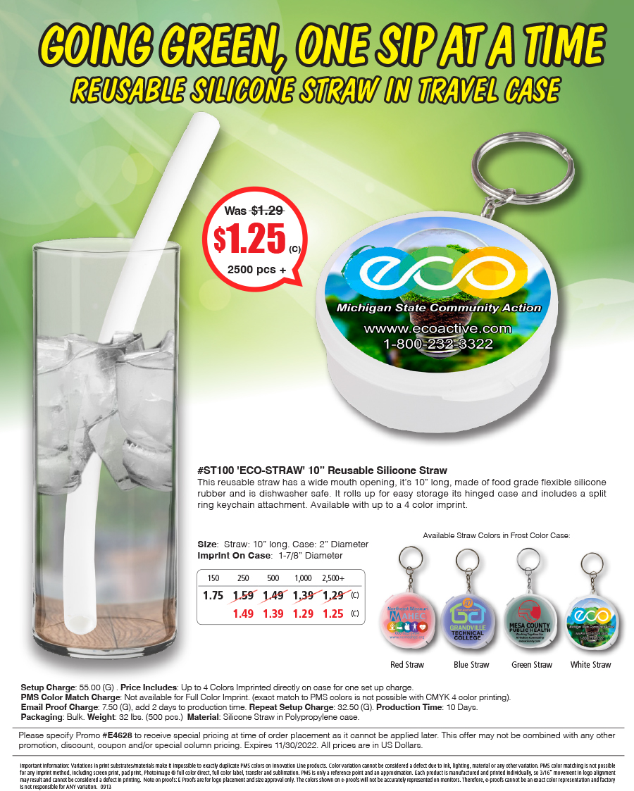 Full Color Imprint ST100 Eco-Straw - 10 inch Reusable Silicone Straw