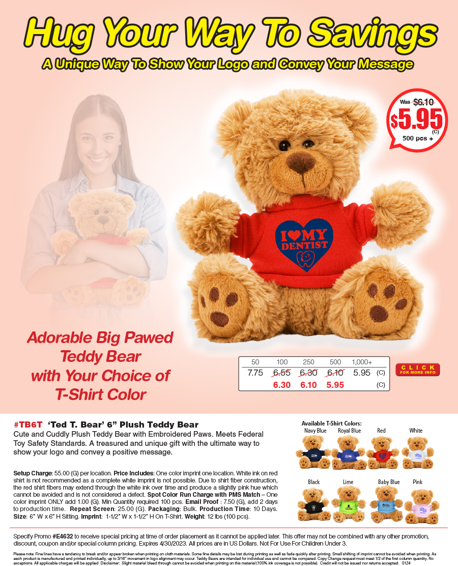 #TB6T  -Ted T. Bear- Plush Teddy Bear with Choice of T-Shirt Color