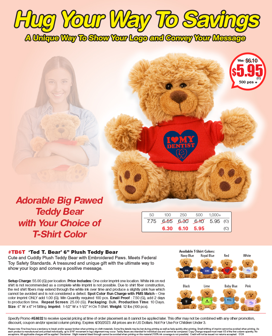 #TB6T  -Ted T. Bear- Plush Teddy Bear with Choice of T-Shirt Color