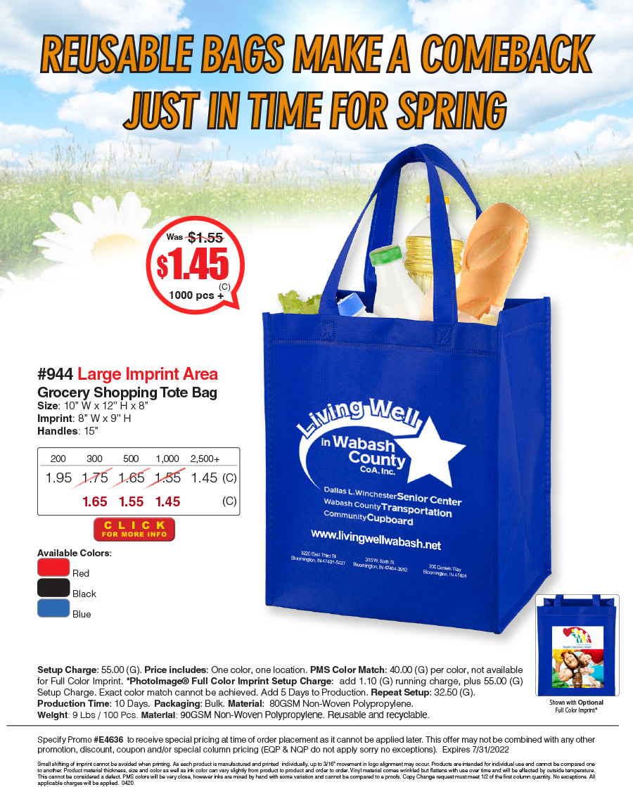 944 Full View Junior Large Imprint Grocery Shopping Tote Bag