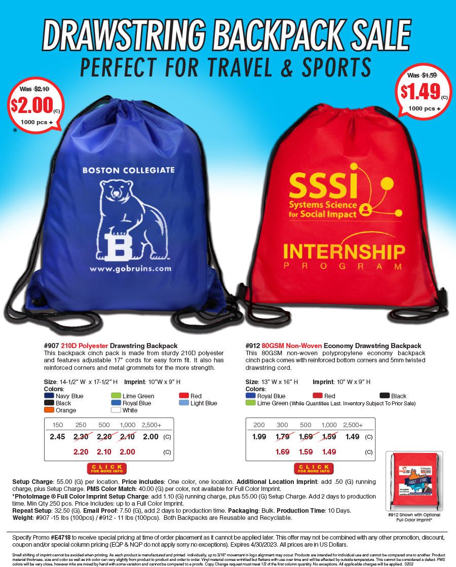 907 912 Polyester and Non-Woven Cinch Pack Backpack