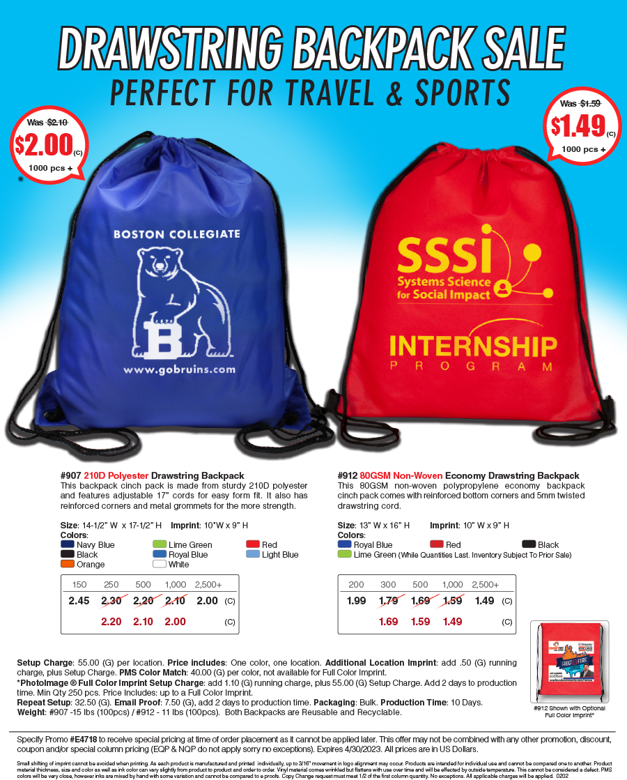 907 912 Polyester and Non-Woven Cinch Pack Backpack