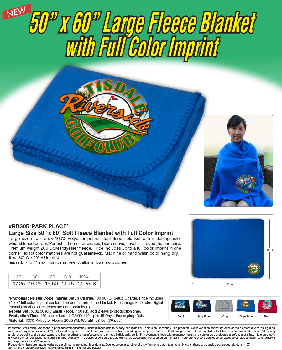 RB305 Large Fleece Blanket with Full Color Imprint