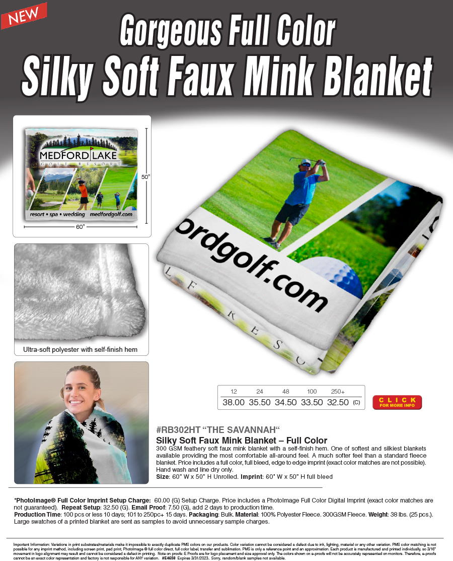 #RB302HT - The Savannah -  Silky Soft Faux Mink Blanket � Full Color